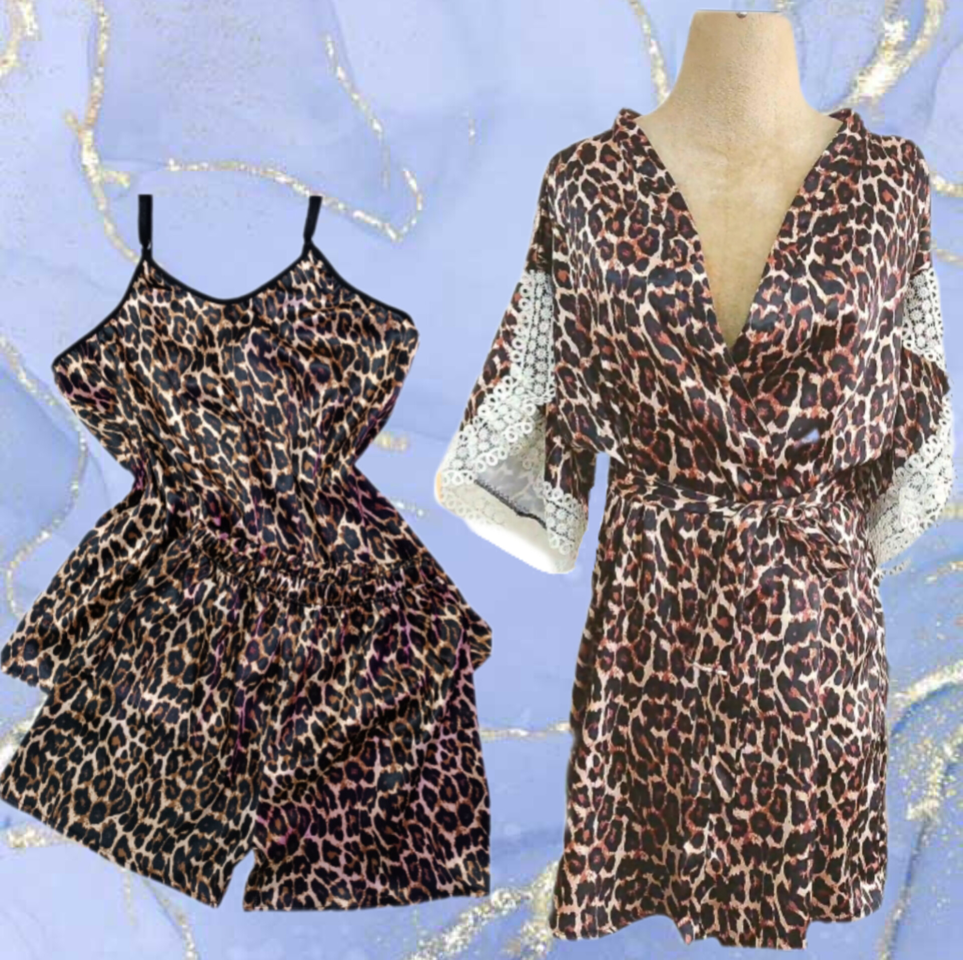 ربدوشامبر وتاپ وشلوارک پلنگی ساتن ال ایکس زنانه